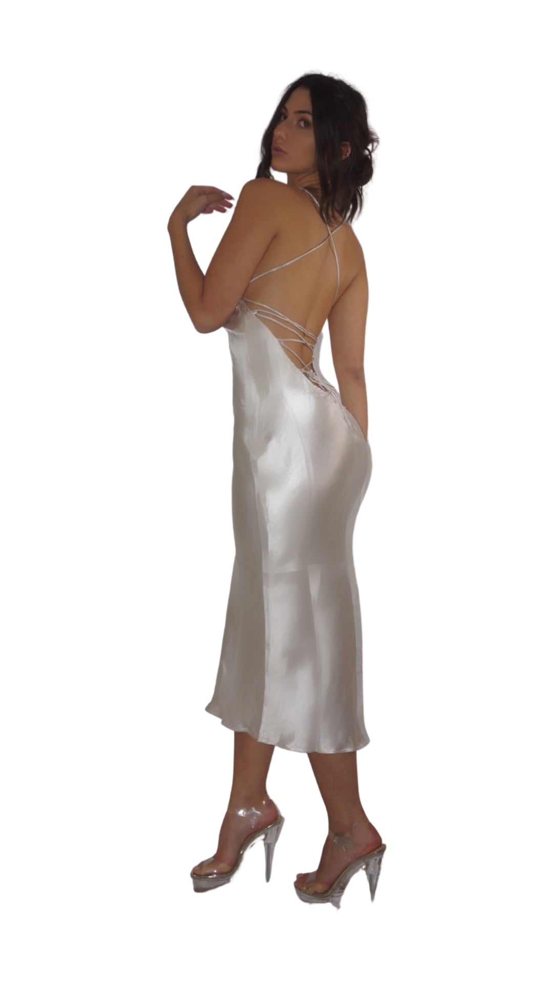 Silk Low-Back Lace-Up Midi Dress