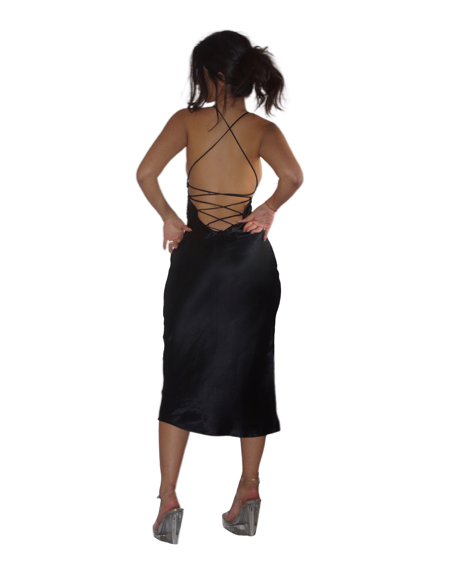 Silk Low-Back Lace-Up Midi Dress